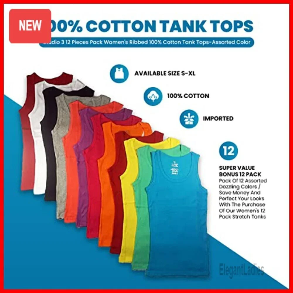 12 Pack Ribbed Cotton Slim Tank Tops S-XL Women's Muscle Style